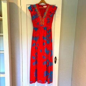 Poppy orange and vibrant blue Patterned Maxi Dress with brass detailing